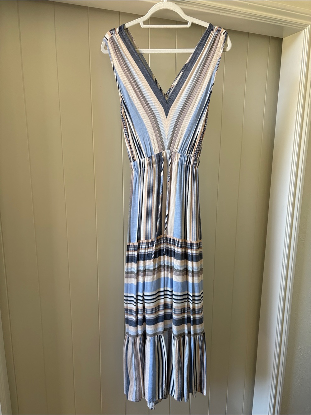 Marty M Brand Striped V-Neck Sleeveless Maxi Dress in Blue and Cream Medium